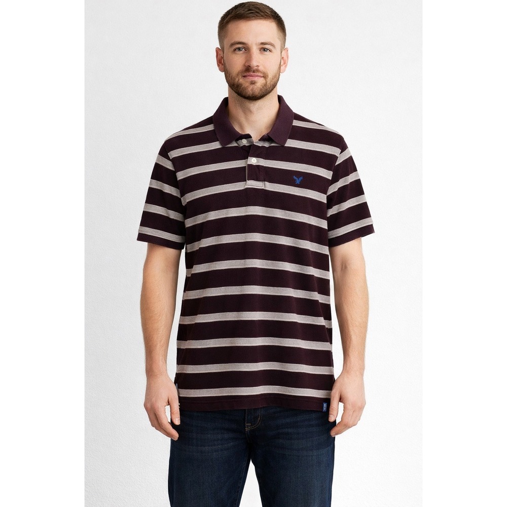 American Eagle Outfitters Mens Striped Polo Shirt Burgundy Grey Cotton Large